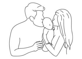 man and woman holding a baby in their arms, one line drawing vector