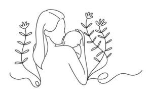 Continuous one line drawing of mother holding her baby. Mothers and baby line art style of vector illustration, Mother's Day Celebration.