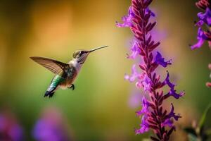 Portrait hummingbird with flower ai generate photo