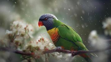 Rainbow lorikeet on a tree branch ai generate photo