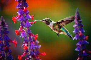 Portrait hummingbird with flower ai generate photo
