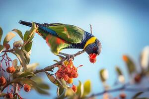 Rainbow lorikeet on a tree branch ai generate photo