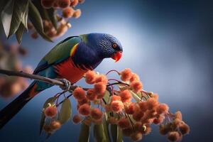 Rainbow lorikeet on a tree branch ai generate photo