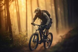 Downhill cycling on the forest ai generate photo