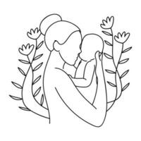 madre con bebé avatar dibujos animados personaje en el jardín gráfico diseño. madres y bebé línea Arte estilo de vector ilustración, de la madre día celebracion.