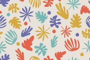 Abstract seamless pattern with hand drawn tropical leaves and organic shapes. Colorful vector background.