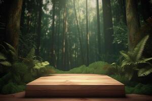 Wooden podium on the jungle ai generate photo