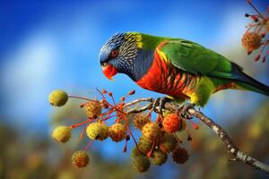 Rainbow lorikeet on a tree branch ai generate photo