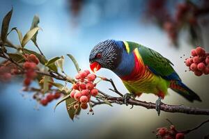 Rainbow lorikeet on a tree branch ai generate photo