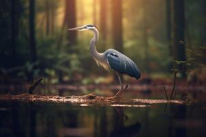 heron near the lake in the forest ai generate photo