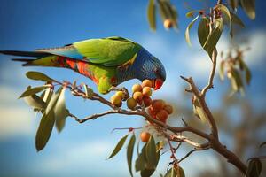 Rainbow lorikeet on a tree branch ai generate photo