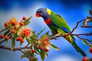 Rainbow lorikeet on a tree branch ai generate photo