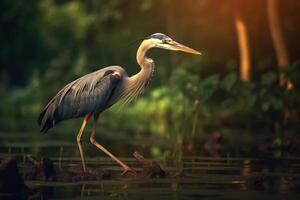 heron near the lake in the forest ai generate photo