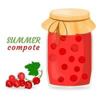 Red currant compote, jam or jelly in a glass jar. Canned fruit. Berries for a healthy summer drink. Conservation for future use. Vector illustration for menu, packaging design in flat style.