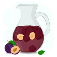Compote of plums in a glass decanter. Drinking from homemade fruits. Berries for a healthy summer drink. Vector illustration in a flat style.