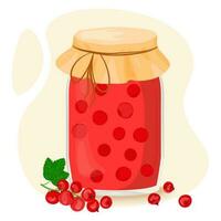 Red currant compote, jam or jelly in a glass jar. Canned fruit. Berries for a healthy summer drink. Conservation for future use. Vector illustration for menu, packaging design in flat style.