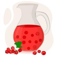 Red currant compote in a glass decanter. Drinking from homemade fruits. Berries for a healthy summer drink. Vector illustration in a flat style.