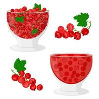 Red currant berries with green leaves in a glass dish. Homemade jam or jelly in a glass bowl. The concept of healthy eating. Ripe berries. Fruit picking. Vector illustration in a flat style.