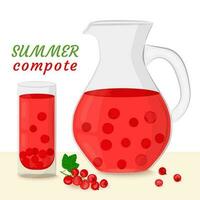 Red currant compote in a glass decanter and glass. Drinking from homemade fruits. Berries for a healthy summer drink. Vector illustration in a flat style.