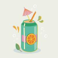 Can of soda vector illustration. Cocktail with straw, umbrella and bubbles in risoprint style. Hand-drawn vivid design for t shirt prints posters