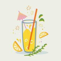 Glass of lemonade vector illustration. Cocktail with lemon, straw, umbrella and bubbles in risoprint style.  Hand-drawn vivid design for t shirt prints posters