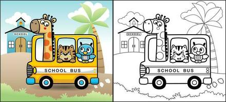 Coloring book or page of funny animals cartoon on school bus going to school vector