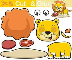 Vector illustration of cute lion cartoon with meat. Education paper game for kids. Cutout and gluing