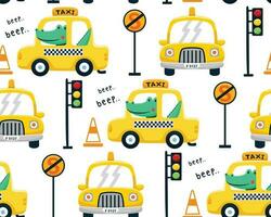 Seamless pattern vector of cartoon crocodile on taxi, traffic elements with funny yellow taxi