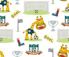 Seamless pattern vector of cartoon giraffe playing soccer, soccer elements illustration