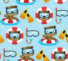 Seamless pattern vector of cartoon cat wearing diving goggles on lifebuoy, scuba diving elements