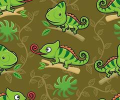 Seamless pattern vector of cartoon chameleon on tree branches with leaf on vines background