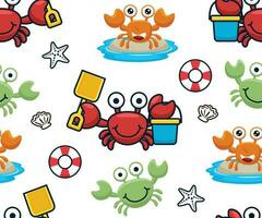 Seamless pattern vector of funny cartoon crabs with beach vacation elements