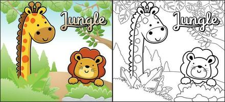 Coloring book or page of funny animals cartoon. Giraffe with lion in jungle vector