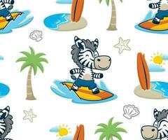 Seamless pattern vector of cartoon zebra surfboarding, summer beach vacation elements