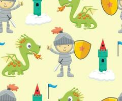 Seamless pattern vector of fairytale elements cartoon with funny dragon and knight