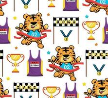 Seamless pattern vector of cartoon tiger winning running race, running sport elements