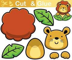 Vector illustration of funny lion cartoon hiding on leaves. Cutout and gluing