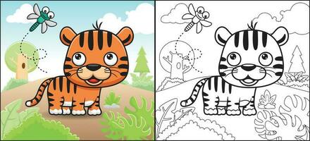 Coloring book or page of funny tiger cartoon with dragonfly in forest vector