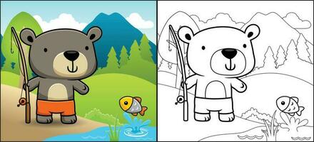 Coloring book or page of cartoon bear holding fishing tackle in forest, fish jump out from water vector