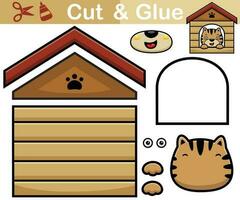 Vector illustration of cat cartoon in it cage. Education paper game for children. Cutout and gluing