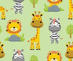 Seamless pattern vector of safari animals cartoon, forest elements