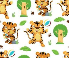 Seamless pattern vector of cartoon tiger playing ball, trees and leaves