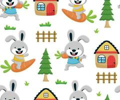 Seamless pattern vector of funny bunny cartoon with carrot, house, trees and fence. Fairy tale elements