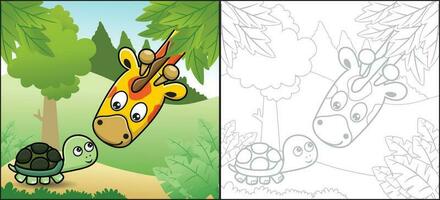 Vector cartoon of giraffe and turtle in forest. Coloring book or page