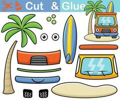 Vector illustration of funny car cartoon carrying surfboard in the beach. Cutout and gluing