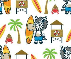 Seamless pattern vector of zebra cartoon holding surfboard with beach holiday elements