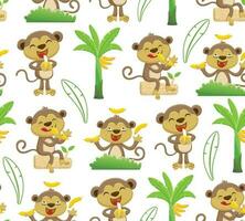 Seamless pattern vector of cartoon monkey with banana fruit, banana garden elements