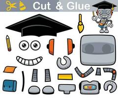 Vector illustration of cartoon robot wearing graduate hat holding pencil and carrying bag. Cutout and gluing