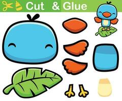 Vector illustration of little bird cartoon on leaf. Education paper game for kids. Cutout and gluing