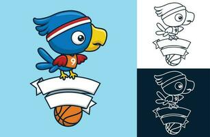 Cute bird the basketball player on ribbon decoration. Vector cartoon illustration in flat icon style